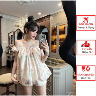 Set bộ nữ áo trễ vai hoa nhí dáng bồng  kèm quần short đùi tiểu thư bánh bèo đi biển