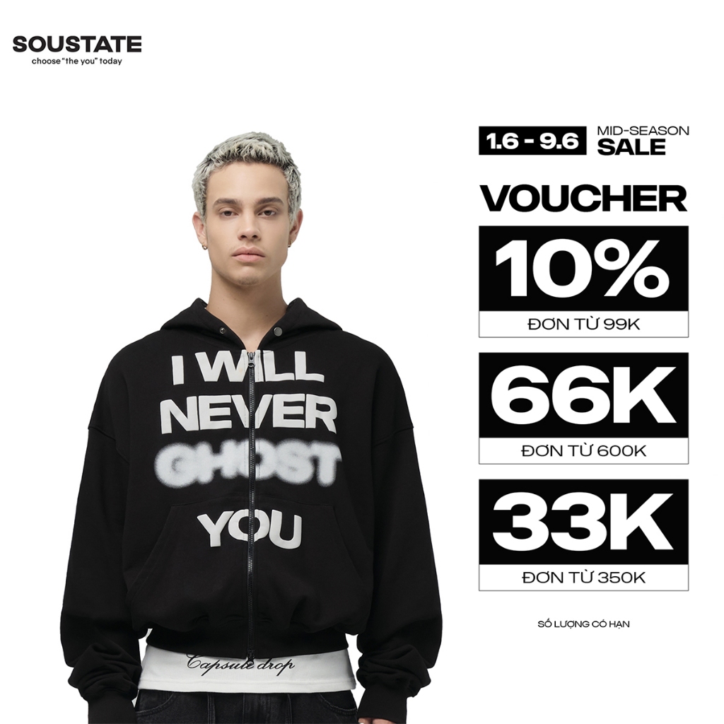 Áo Hoodie Full Zip Boxy "Ghost" 100% Cotton  - SOUSTATE Chính Hãng