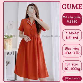 Váy bầu bigsize -Đầm bầu thiết kế GuMe màu cam đất dáng babydoll cổ V bẻ lá chất vải sạn lụa size từ 40-100kg MB220
