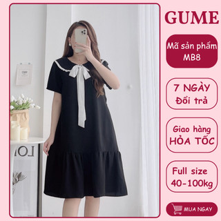 Váy bầu bigsize đầm bầu thiết kế GuMe 2 màu đen đỏ dáng đuôi cá cổ sen nơ trắng vải sạn lụa MB8