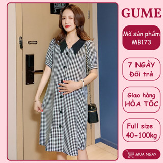  Đầm Bầu Công Sở - Váy Bầu GUME kẻ caro đen dáng suông cúc dọc phôi cổ đen chất vải thô cotton MB173- kèm ảnh thật 