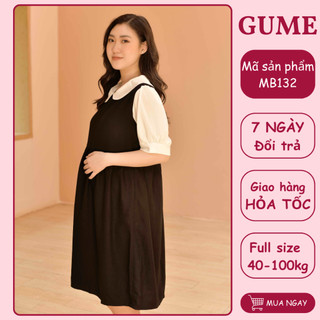 Váy bầu bigsize thiết kế công sở GuMe dáng babydoll cổ sen phối tay trắng chất vải sạn lụa cao cấp 40-100kg MB132