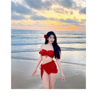 Bikini 3 mảnh màu đỏ cực nổi, kèm hòa cài đầu