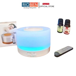 Máy xông tinh dầu hộp tròn 500ml, đèn led đổi 7 màu RIOBEN, có remote điều khiển
