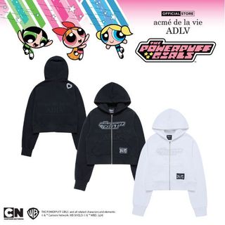 Áo hoodie crop kéo khóa adlv x the powerpuff girls heart cut-out logo dáng suông màu trắng/đen - hàng chính hãng