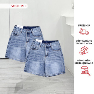 Quần jean ngố nữ VMSTYLE cạp cao ống rộng trơn túi thêu nơ, wash cao cấp năng động đi chơi LJU00035