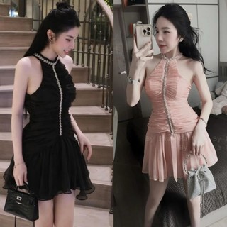HÀNG ĐẸP] Đầm Cổ Yếm Đính Đá Nhún Thân Xếp Ly Xòe Dễ Thương Dự Tiệc Sang Chảnh