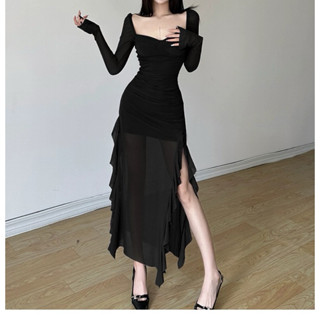 Đầm dự tiệc nữ Ôm body Dáng dài Phối bèo lưới tua rua Váy đầm dự tiệc dài Cổ vuông Tay dài Kiểu pháp