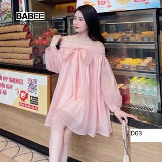 Đầm Trễ Vai Nữ BABEE Kiểu Áo Dấu Quần Babydoll Dáng Ngắn Tay Bồng Xòe Thắt Nơ Chất Voan Tơ 2 Lớp