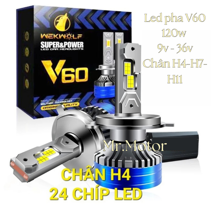 Đèn led pha V60 công suất 120w Chân H1-H3-H4-H7-H11-9005-9006-9012 chính hãng Wekwolf (Giá 1 đèn)