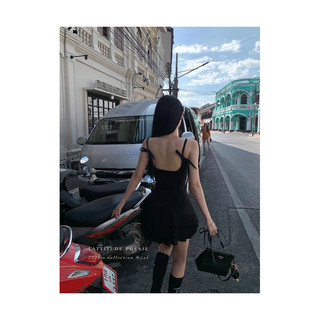 thelei váy đầm hai dây đen ngắn xoè xếp ly tầng hở lưng thắt nơ tiểu thư ôm eo sexy dự tiệc cưới