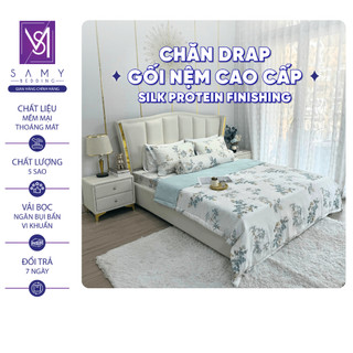 Bộ Chăn Ga Gối Lụa Modal Luxury Bamsilk SAMY BEDDING Hoa Xanh Trắng Mát Mịn
