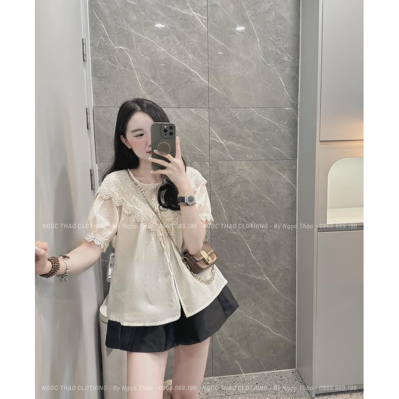 Áo thô boy hoa cổ phối viền ren