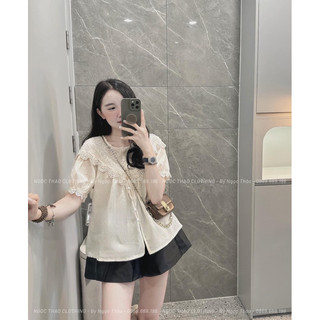 Áo thô boy hoa cổ phối viền ren