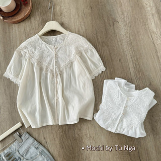 Áo thô boy hoa cổ phối viền ren