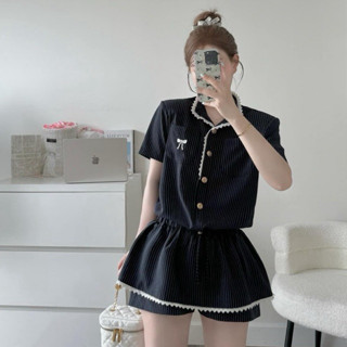 Tammy dress•[SẴN] Jumpsuit cổ sơ mi phối ren kẻ( kèm quần rời),SET(BỘ) cộc tay đính nơ ngực hàng cổ tàu (chuẩn mẫu 100%)