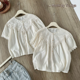 Áo thô boy hoa cổ phối viền ren