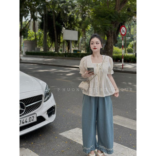 Áo thô boy ren cổ vuông xếp ly nơ