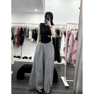 Set áo thun zip ba lỗ cổ tròn dáng croptop kèm quần kẻ ống rộng hàng quảng châu