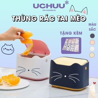 [Tặng Sticker] Thùng Rác Tai Mèo Uchuu, Thùng Rác Mini Nắp Bật Bằng Nhựa Cute Để Bàn Văn Phòng