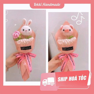 Bó hoa len mix con vật và hoa gói hình ốc quế làm quà tặng