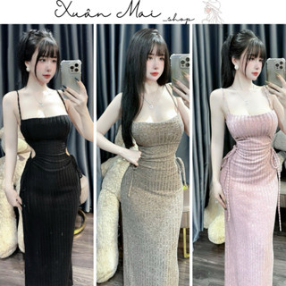 [FREESHIP] Đầm ôm body chất liệu gân tăm dày dặn co giãn cách điệu rút dây eo siêu đỉnh