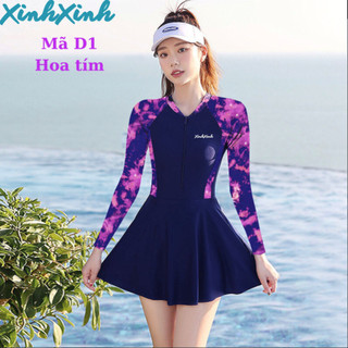 Bikini đồ bơi dài tay liền 1 mảnh, có quần đùi trong váy, tôn dáng ngọc ngà D1