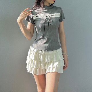 Áo baby tee cổ leo tay ngắn chất thun gân phối ren thắt nơ ribbon