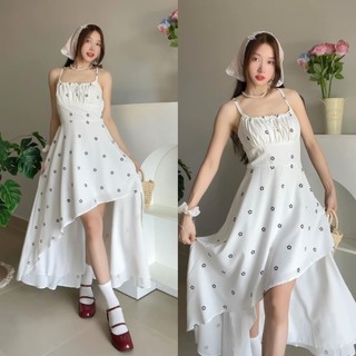 Váy maxi hoa nhí RENSI đầm 2 dây dáng dài xẻ tà xòe cạp eo màu trắng D09