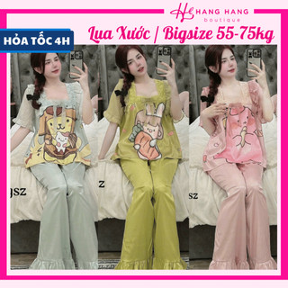 Bộ đồ ngủ bigsize 55-75kg, đồ bộ nữ pijama dài cộc tay voan cổ vuông lụa xước bigsize, đồ ngủ lụa tiểu thư mặc nhà cute