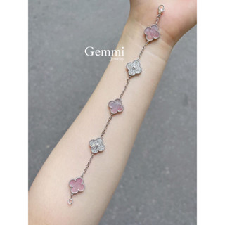   Hàng siêu cấp - Bạc  Vòng Lắc tay Hình Bông Hoa cỏ 4 lá cánh đá màu Hồng xà cừ Whitegold 