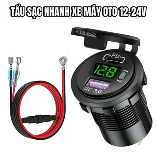 Tẩu sạc nhanh xe máy ôtô xe buýt 2 cổng: Usb QC3.0=18w và PD3.0=49.5w có màn hình báo vol bình và nút nhấn BẬT/TẮT #02