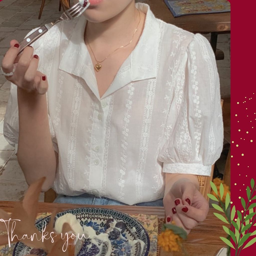 Áo sơ mi trắng cộc tay thuê hoa vải mềm thấm hút mồ hôi, Áo Sơ Mi chiffon Tay Phồng phong cách Hàn Quốc