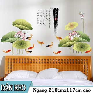 Decal trang trí Hồ Sen Cá KOI và chữ tàu tao nhã