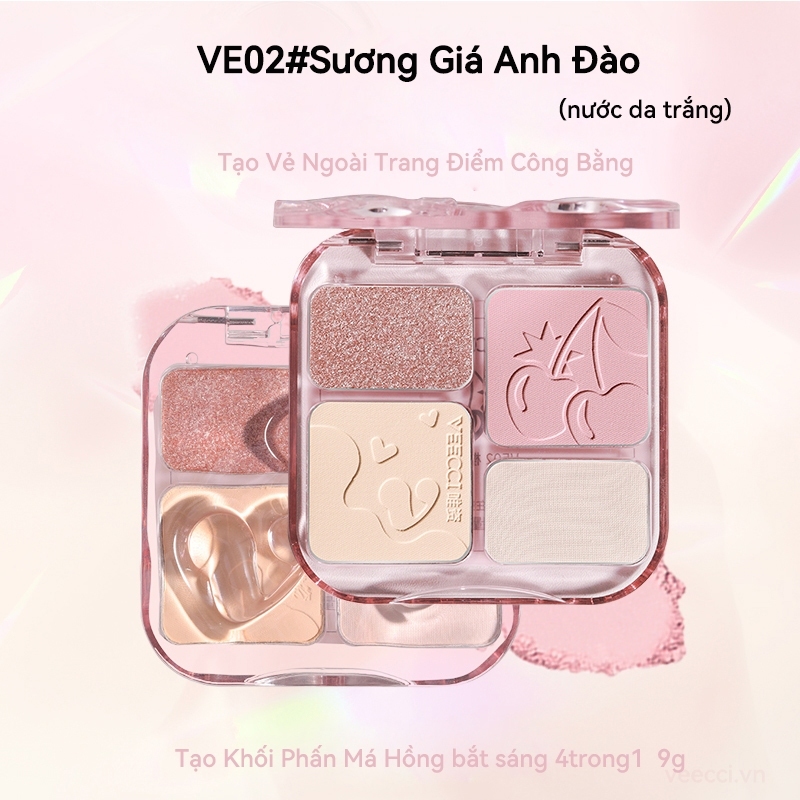 Bảng phấn má hồng VEECCI kèm tạo khối bắt sáng 4 trong 1 lâu trôi chống nước BXK COSMETICS