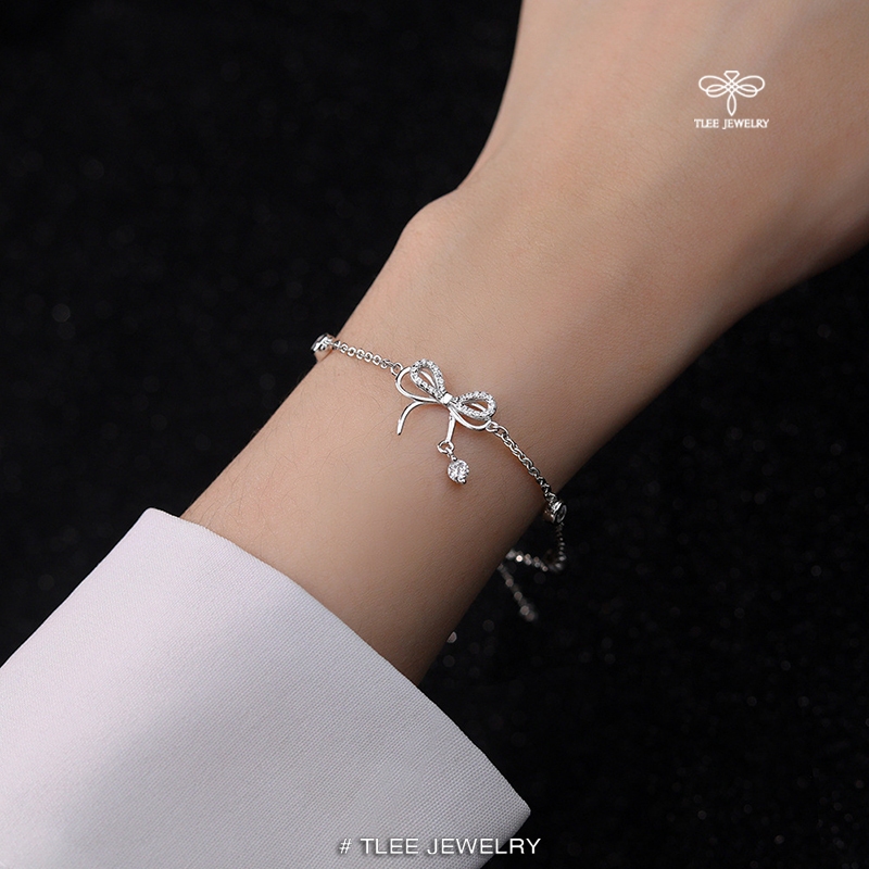 Lắc tay bạc nữ TLEE, vòng tay nơ treo hạt đá nhẩy lấp lánh TLEE JEWELRY LT0214 | BigBuy360 - bigbuy360.vn