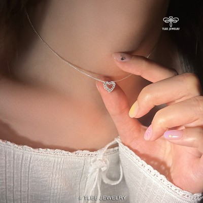 Dây chuyền bạc nữ TLEE, Vòng cổ trái tim rỗng viền đính đá dáng dây dẹt nữ tính TLEE JEWELRY D0373