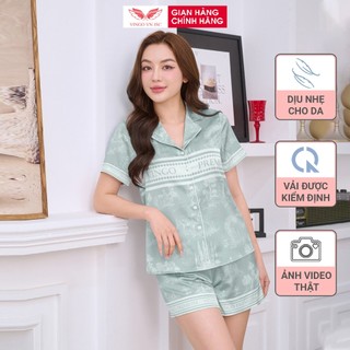 Đồ bộ mặc nhà Pijama lụa cao cấp VINGO tay ngắn quần đùi màu xanh mặc mùa Hè mát H1175 VNGO
