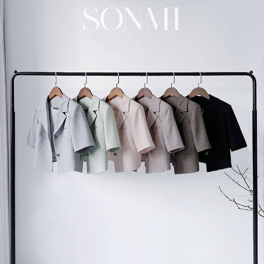 Áo blazer nữ tay ngắn croptop cổ vest công sở SONMI Hàn Quốc thiết kế có độn vai 2 lớp màu đen ghi n