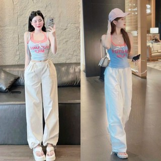 Sét bộ áo 2 dây tăm lạnh họa tiết in chữ sang chảnh mix quần kaki tôn dáng ống rộng đi chơi trẻ trung