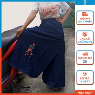 Quần váy chống nắng nữ kiểu dáng xẻ tà chất vải jean dày mềm có thêu Hoa Anh Đào JHTX05 H&T FASHION