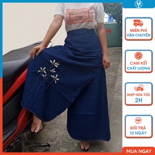 Váy chống nắng xẻ tà nữ vải jean cotton dày dặn chống nóng tốt thêu Hoa cánh trắng H&T FASHION