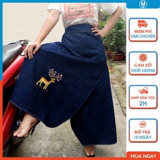 Chân váy chống nắng xẻ tà nữ vải jean dày dặn, chống nóng tốt thêu họa tiết Nai vàng H&T FASHION