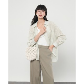  Mẫu mới 2024 Áo sơ mi nữ dài tay form rộng thiết kế kẻ sọc phối túi Lista Shirt - Sibling House