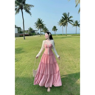 Đầm lụa tơ xước 2 dây mặc đi biển mùa hè kèm áo khoác ren tay dài from váy xòe bồng bền nữ tính