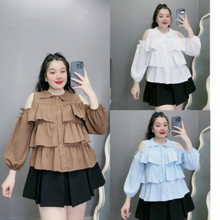 Áo Sơ Mi Nữ Tay Dài Hở Vai Dáng BabyDoll Bigsze Nữ Xếp Ly Tầng Chất Vải Xốp Mềm 50-95kg SM166