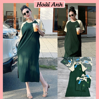 Váy Phông Xuông Thêu Adidass Xanh Lá Phối Tay Kem Chạy Rót Sọc Đầm Phông Freesize Form Thụng Rộng