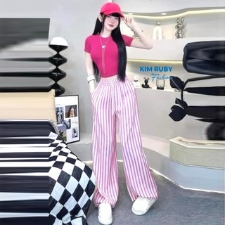 Set bộ nữ áo thun cổ tròn phối quần ống rộng mặc nhà đi chơi Kim Ruby Fashion chất tăm lạnh cotton trẻ trung