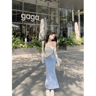   OORDER-sẵn set 2  Váy thun hai dây đuôi cá ôm body sexy quyến rũ + áo thun dài tay hở lệch 1 bên vai ôm gợi cảm 