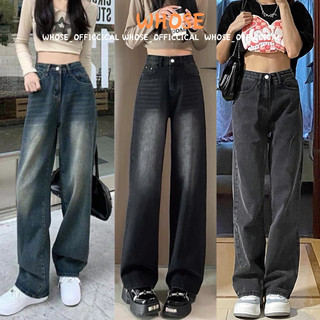 Quần jeans wash nữ WHOSE dáng ống suông rộng lưng cao màu xanh xám SMOKE V2 CẠP CAO phong cách RETRO 2024